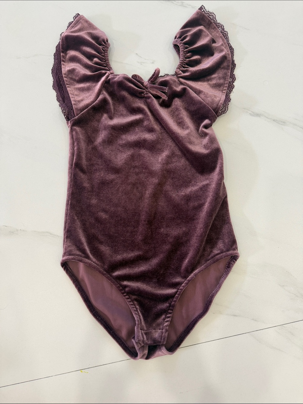 Zara Plum Velvet One-Piece Bodysuit with Lace Sleeves